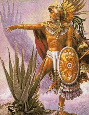 Imagem retratando guerreiro asteca próximo à uma planta de aloe vera